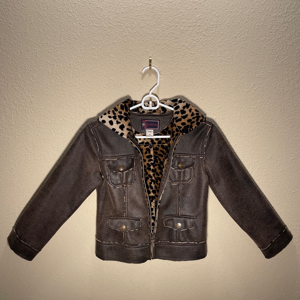 Dollhouse Fuzzy Leopard Lined Faux Leather Crop Hooded front Pocket Jacket